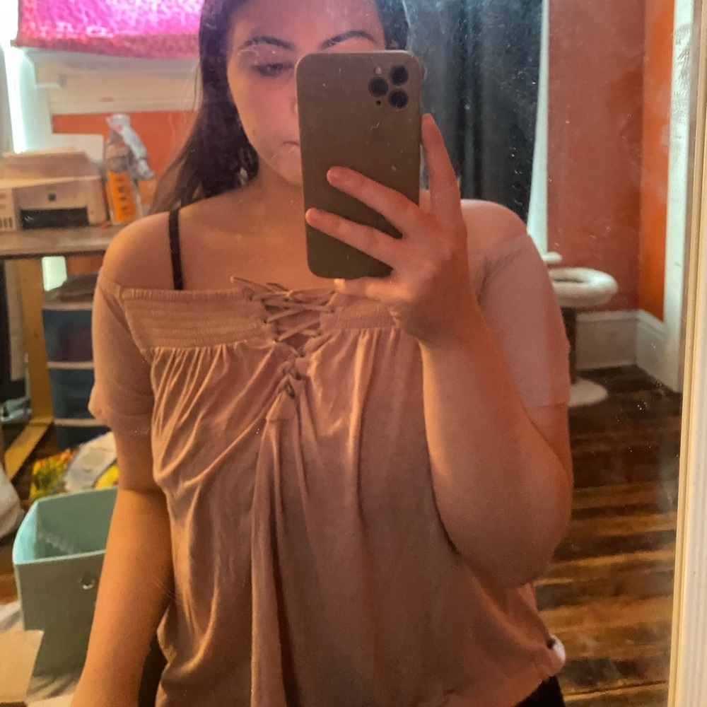 Blush Pink Off-Shoulder Lace-Up Top